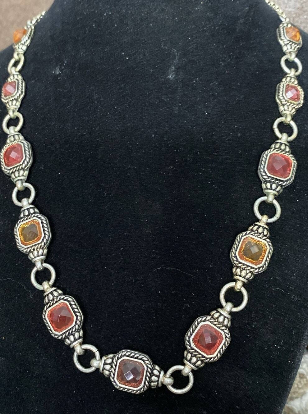 Vintage Napier Goldtone Detailed Amber Red Rhinestone 16”, 4” Extension Necklace